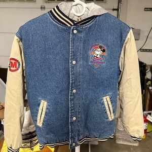 Vintage Embroidered Mickey Mouse Varsity Bomber Denim Jacket